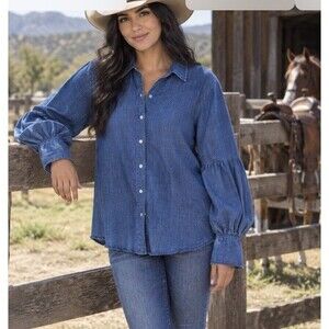 Banana Republic Denim Chambray Button Up Blouse Top Western Cowgirl Sz XL